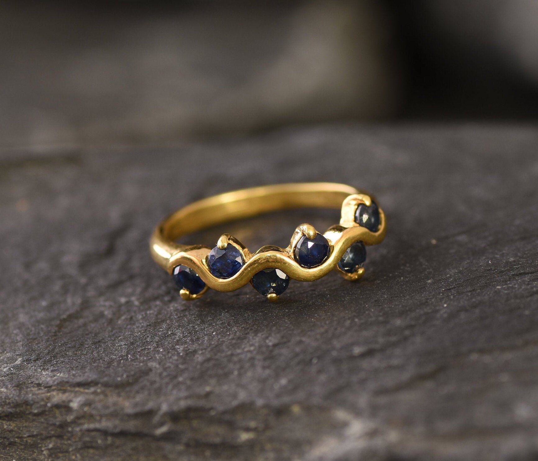 Gold Sapphire Band, Natural Sapphire, September Birthstone, Asymmetric Ring, Gold Plated Ring, Vintage Ring, Half Eternity Ring, Vermeil