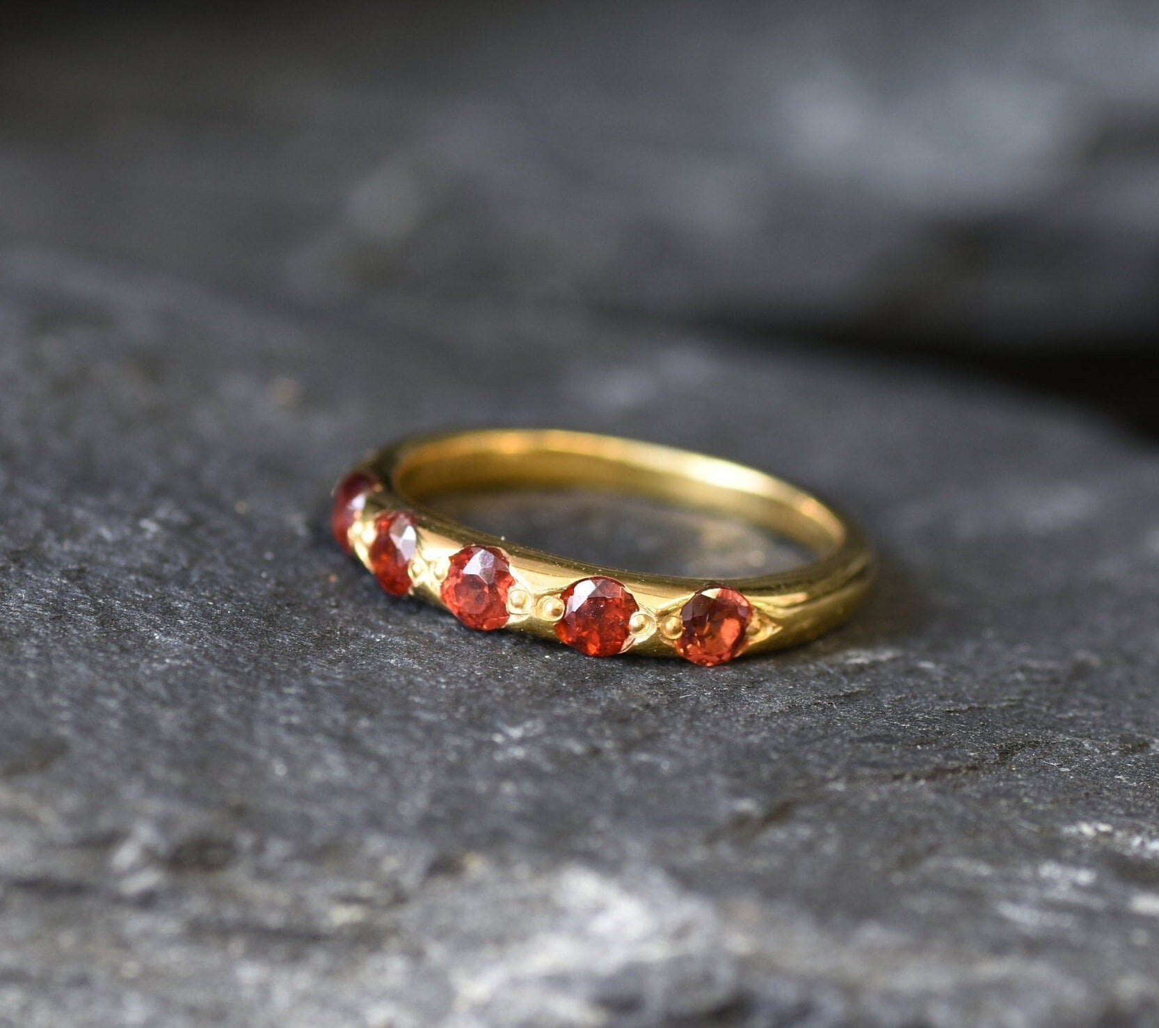 Gold Garnet Band, Natural Garnet, Stackable Ring, 5 Stone Band, January Birthstone, Red Garnet Ring, Gold Plated Ring, Simple Ring, Vermeil