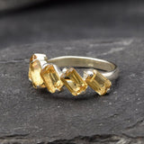 Emerald Cut Ring, Natural Citrine, Baguette Band, Yellow Citrine Ring, Half Eternity Band, November Birthstone, Asymmetric Ring, 925 Silver