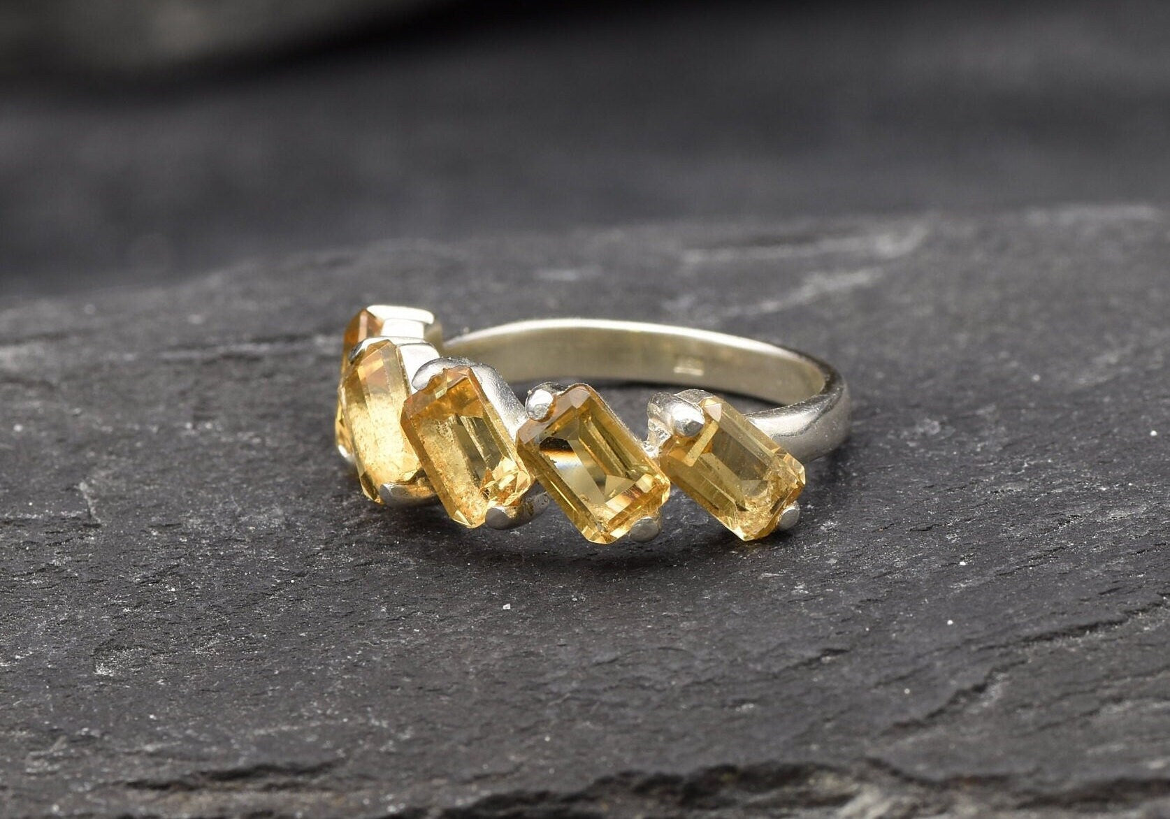 Emerald Cut Ring, Natural Citrine, Baguette Band, Yellow Citrine Ring, Half Eternity Band, November Birthstone, Asymmetric Ring, 925 Silver
