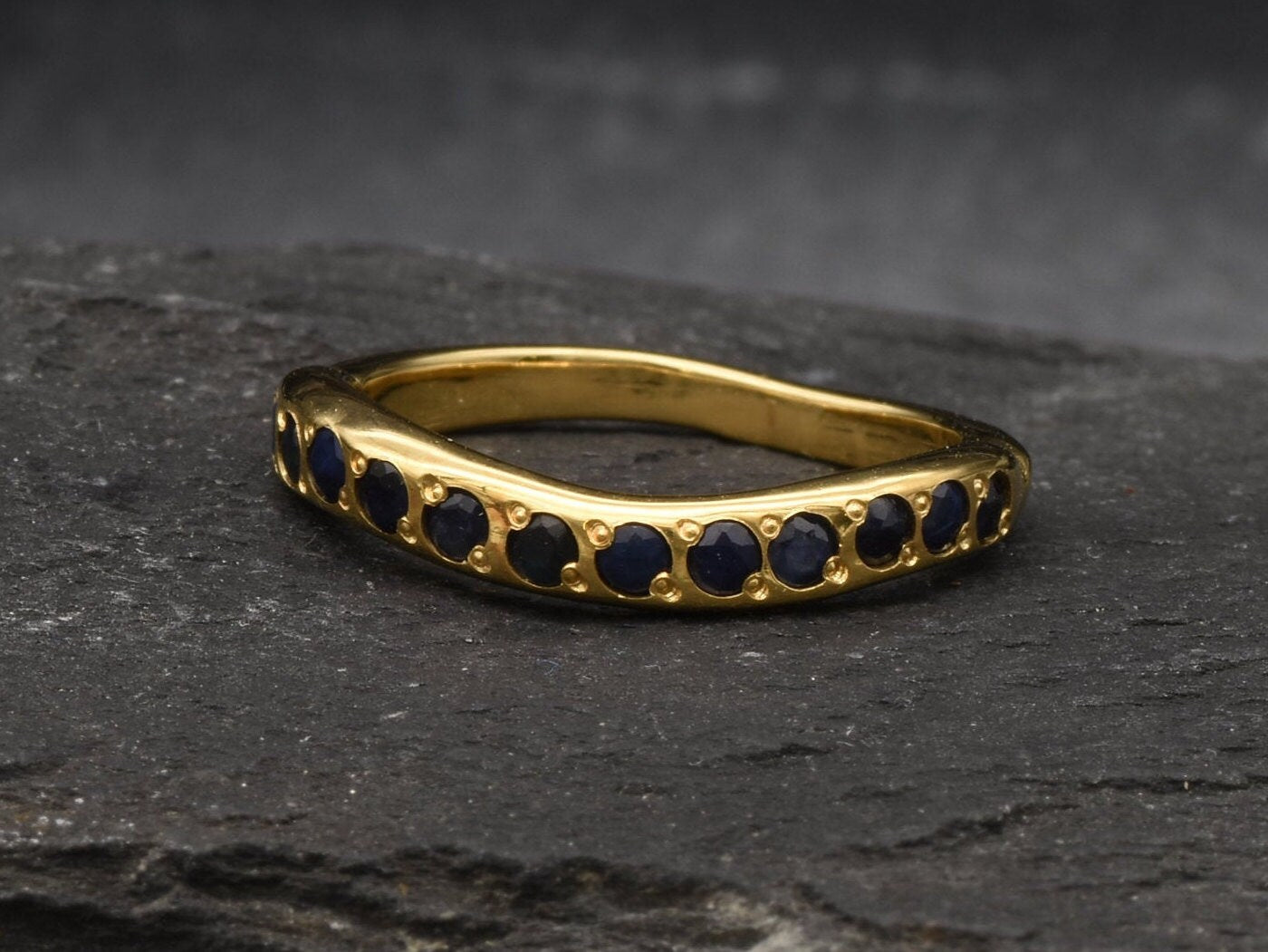 Gold Sapphire Ring, Curved Ring, Natural Sapphire, September Birthstone, Gold Sapphire Band, Half Eternity Ring, Stackable Ring,Gold Vermeil