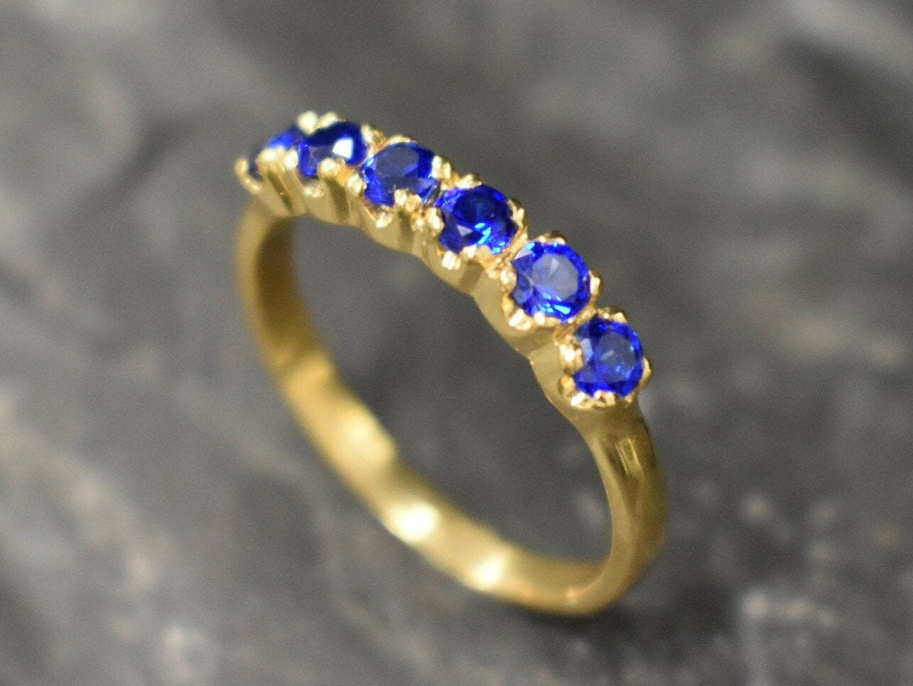 Gold Sapphire Ring, Created Sapphire, Sapphire Ring, Half Eternity Ring, Blue Ring, Gold Vintage Ring, Gold Eternity Ring, Solid Silver Ring