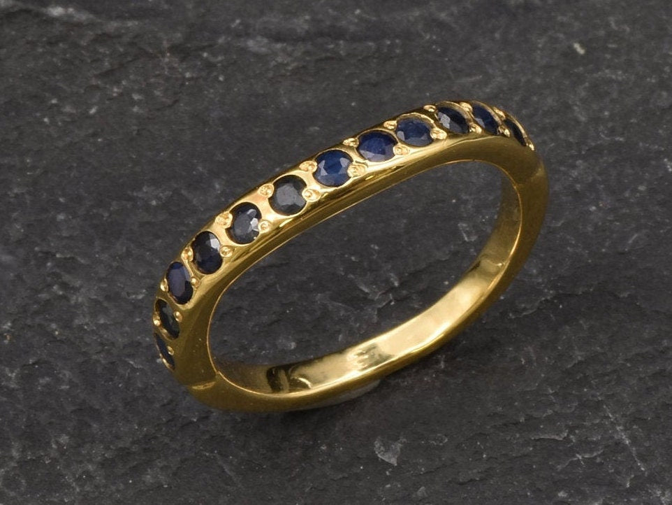 Gold Sapphire Ring, Curved Ring, Natural Sapphire, September Birthstone, Gold Sapphire Band, Half Eternity Ring, Stackable Ring,Gold Vermeil