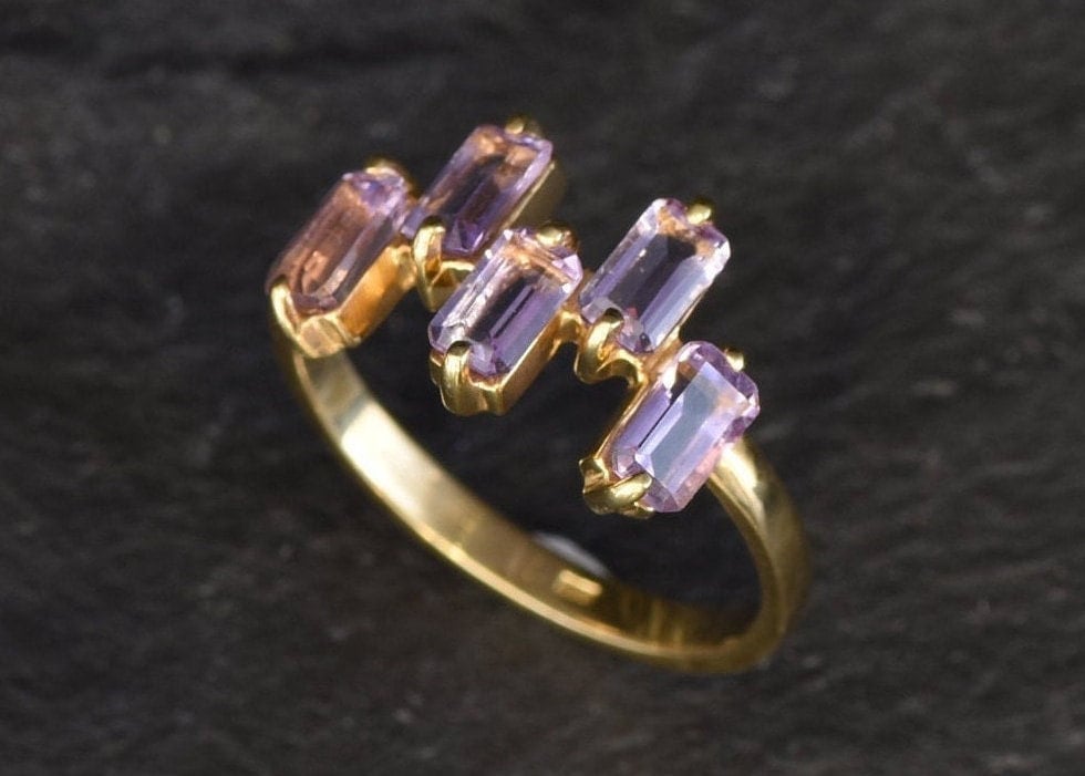 Gold Amethyst Ring, Baguette Band, Natural Amethyst, Stackable Ring, February Birthstone, Purple Band, Asymmetric Ring, Gold Vermeil Ring