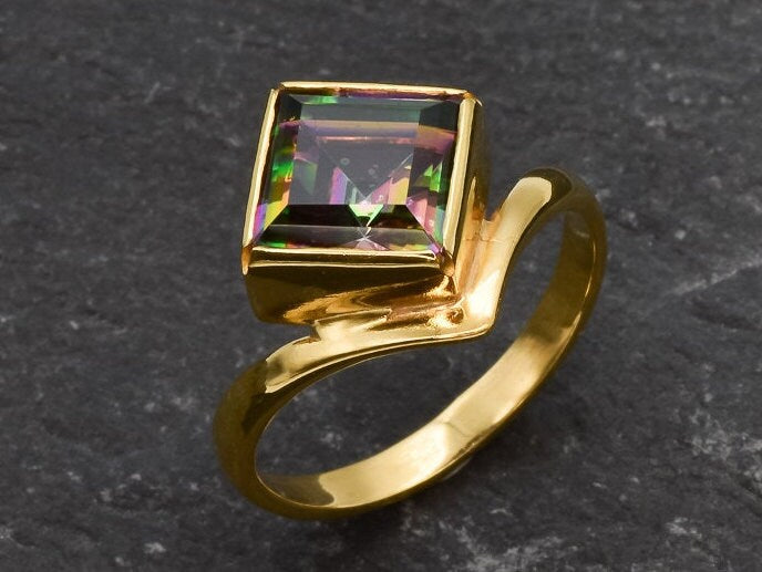 Gold Mystic Topaz Ring, Natural Mystic Topaz, Mystic Topaz Ring, Purple Square Ring, Princess Cut Ring, Purple Stone Ring, Gift For Her, 18K