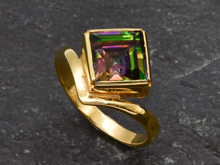 Gold Mystic Topaz Ring, Natural Mystic Topaz, Mystic Topaz Ring, Purple Square Ring, Princess Cut Ring, Purple Stone Ring, Gift For Her, 18K