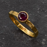 Gold Ruby Ring, Created Ruby, Ruby Solitaire Ring, Round Ruby Ring, Ruby Promise Ring, Created Ruby Ring, Red Stone Ring, Hammered Band, 18K