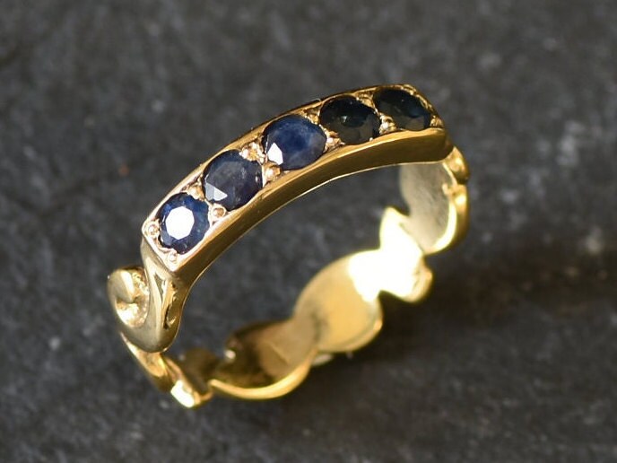Gold Sapphire Ring, Sapphire Band, Natural Sapphire, Ornament Band, Stackable Ring, Vintage Band, September Birthstone, Gold Vermeil Ring