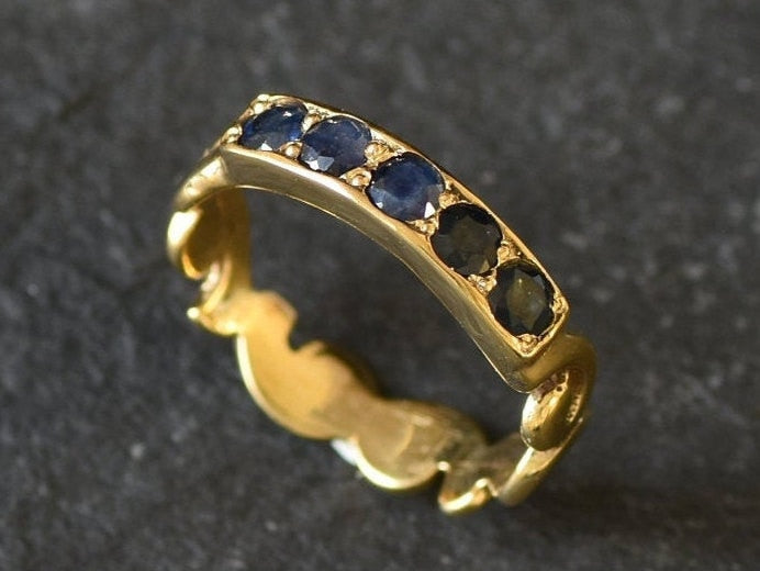 Gold Sapphire Ring, Sapphire Band, Natural Sapphire, Ornament Band, Stackable Ring, Vintage Band, September Birthstone, Gold Vermeil Ring