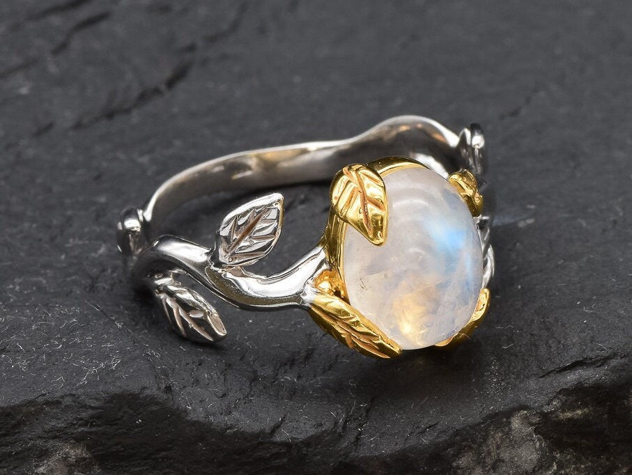 Gold Moonstone Ring, Two Tone Ring, Natural Moonstone, Gold Engagement Ring, Two Tone Gold Ring, Leaf Moonstone Ring, 18K Gold Vermeil Ring