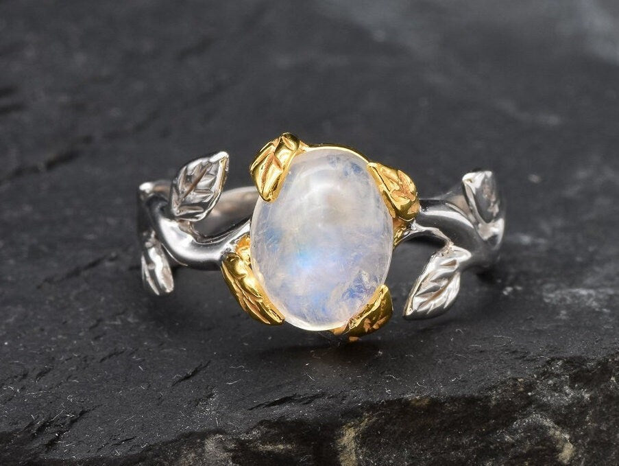 Moonstone Leaf Ring, Two Tone Ring, Oval Moonstone Ring