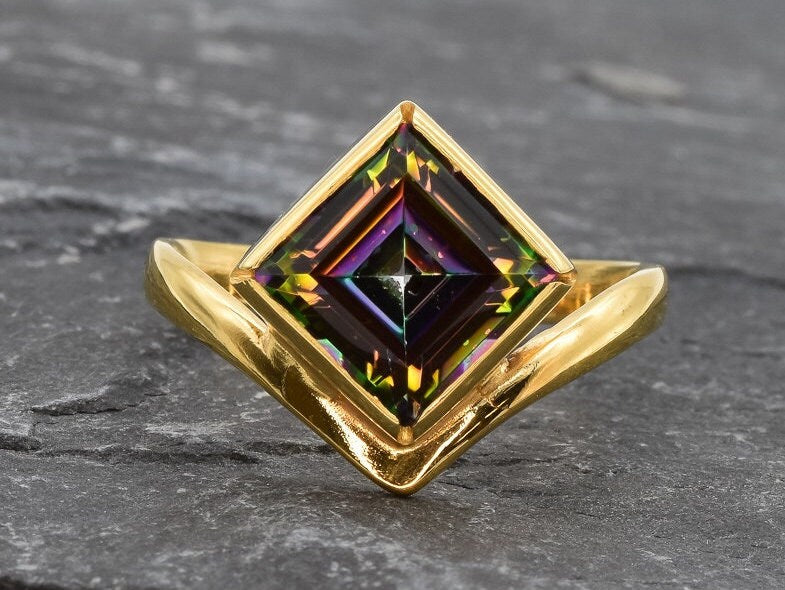 Gold Mystic Topaz Ring, Natural Mystic Topaz, Mystic Topaz Ring, Purple Square Ring, Princess Cut Ring, Purple Stone Ring, Gift For Her, 18K