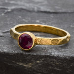 Gold Ruby Ring, Created Ruby, Ruby Solitaire Ring, Round Ruby Ring, Ruby Promise Ring, Created Ruby Ring, Red Stone Ring, Hammered Band, 18K