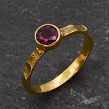 Gold Ruby Ring, Created Ruby, Ruby Solitaire Ring, Round Ruby Ring, Ruby Promise Ring, Created Ruby Ring, Red Stone Ring, Hammered Band, 18K