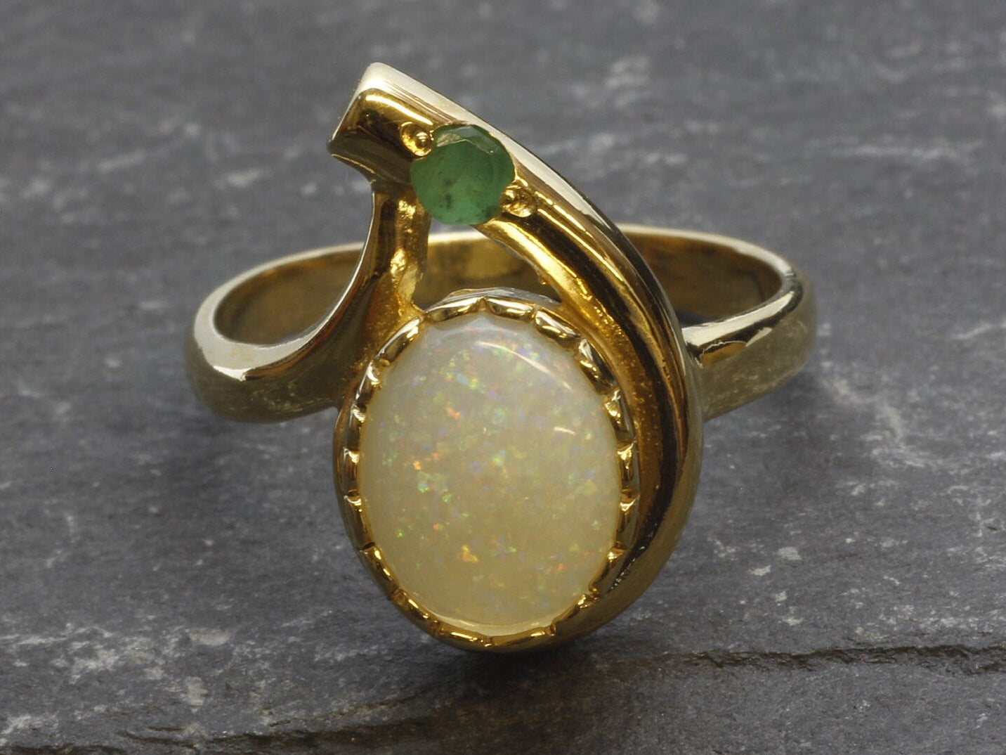 Gold Australian Opal Ring in Teardrop Shape with Small Emerald