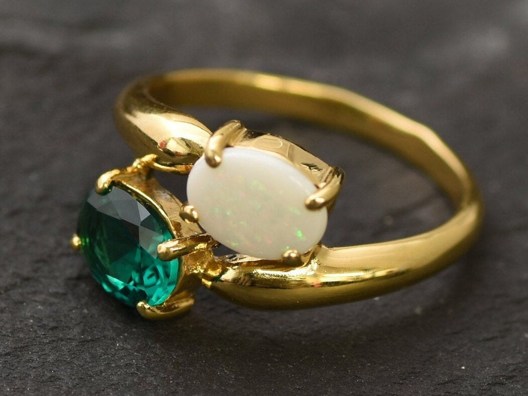 Opal and Emerald Bypass Gold Ring
