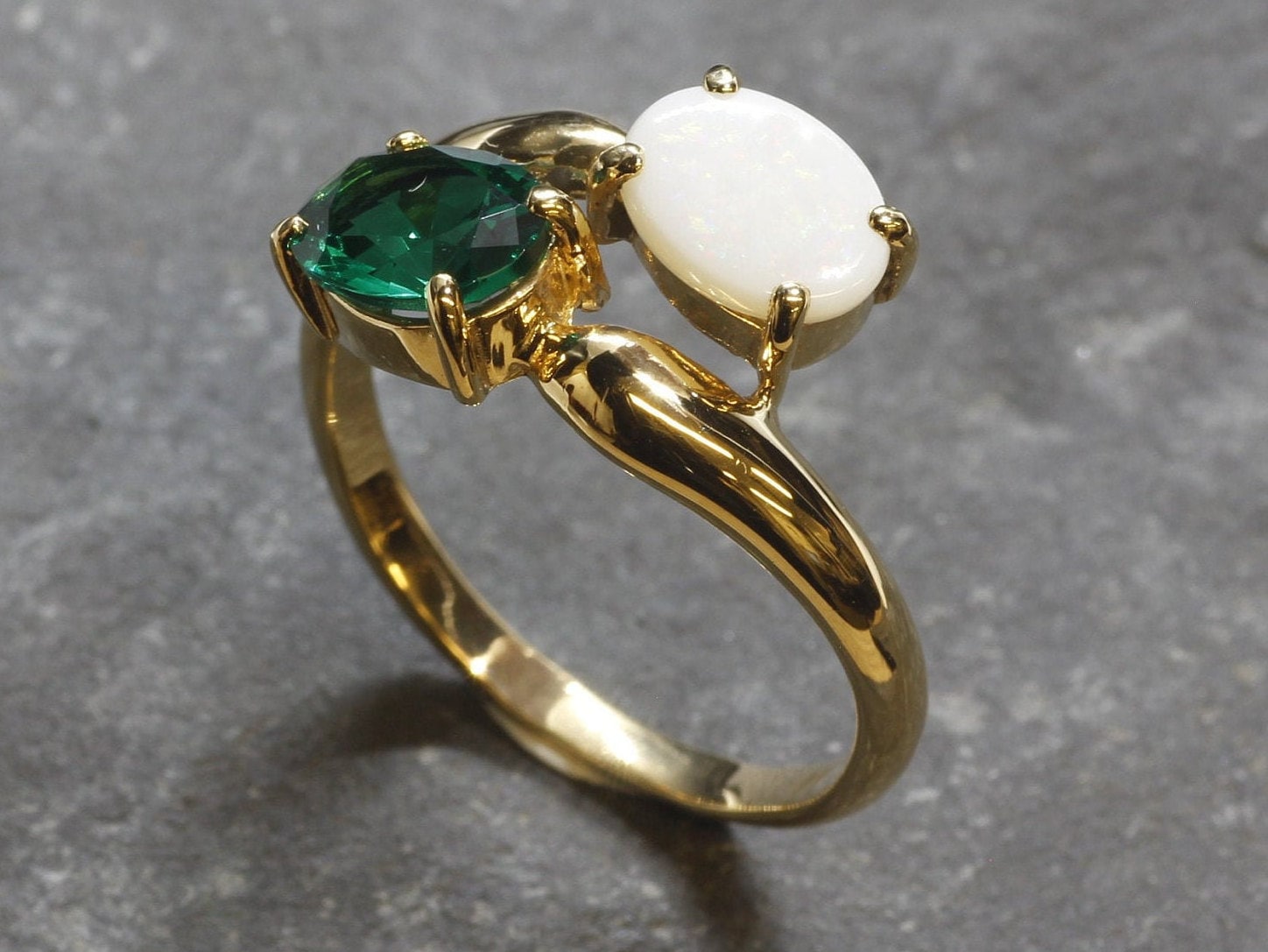 Opal and Emerald Bypass Gold Ring