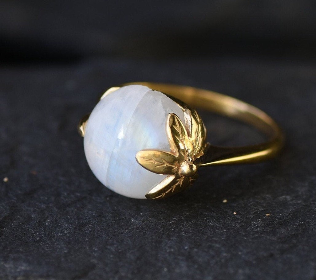 Natural Rainbow Moonstone Leaf Ring in Gold Vermeil
