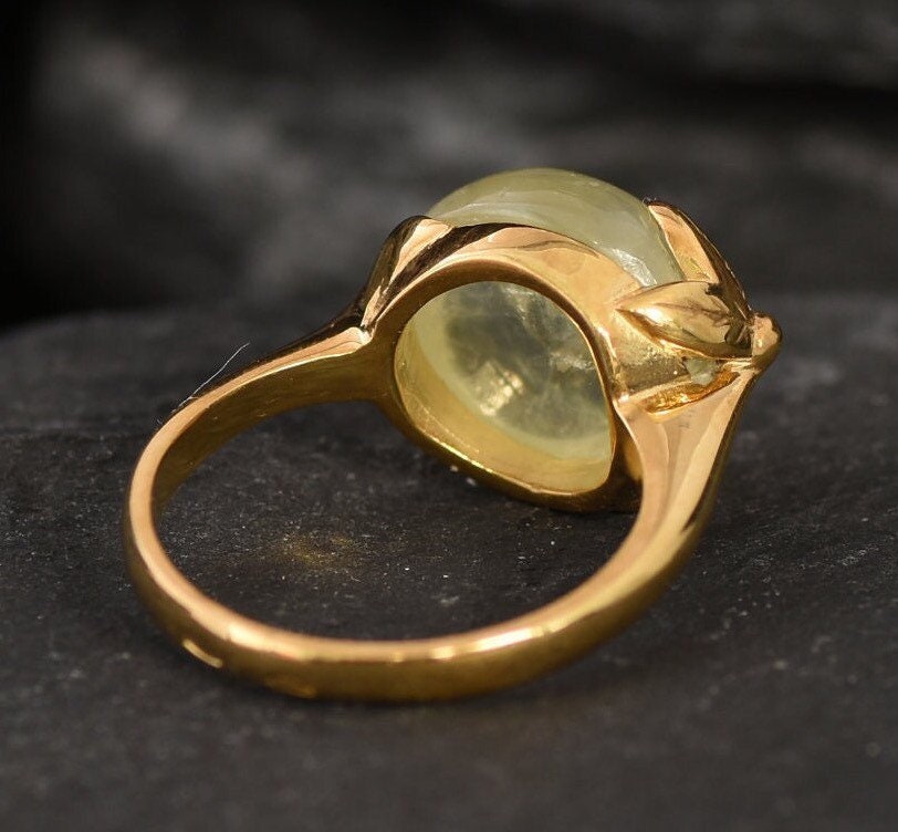 Gold Leaf Ring, Natural Prehnite, May Birthstone Ring, Gold Flower Ring, Gold Antique Ring, Vintage Ring, Solid Silver Ring, 18K Gold Plated