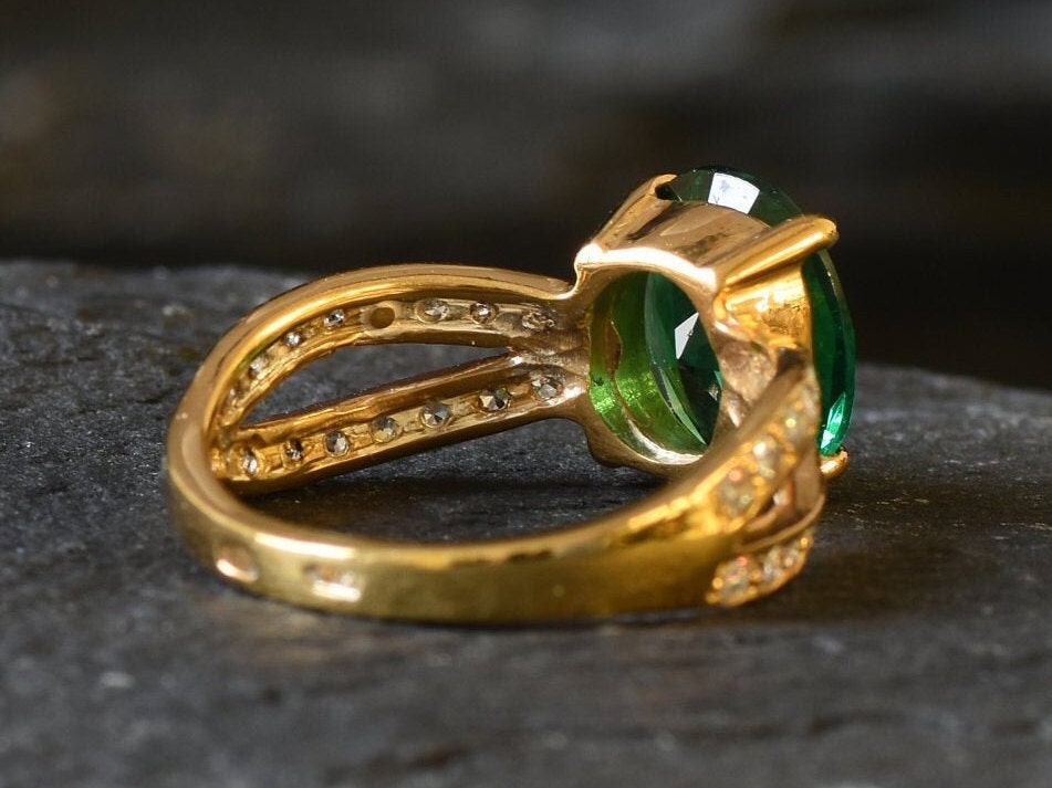 Gold Emerald Ring, Created Emerald Ring, Gold Vintage Ring, Gold Engagement Ring, Promise Ring, Green Ring, 18K Gold Vermeil, 3 Carat Ring