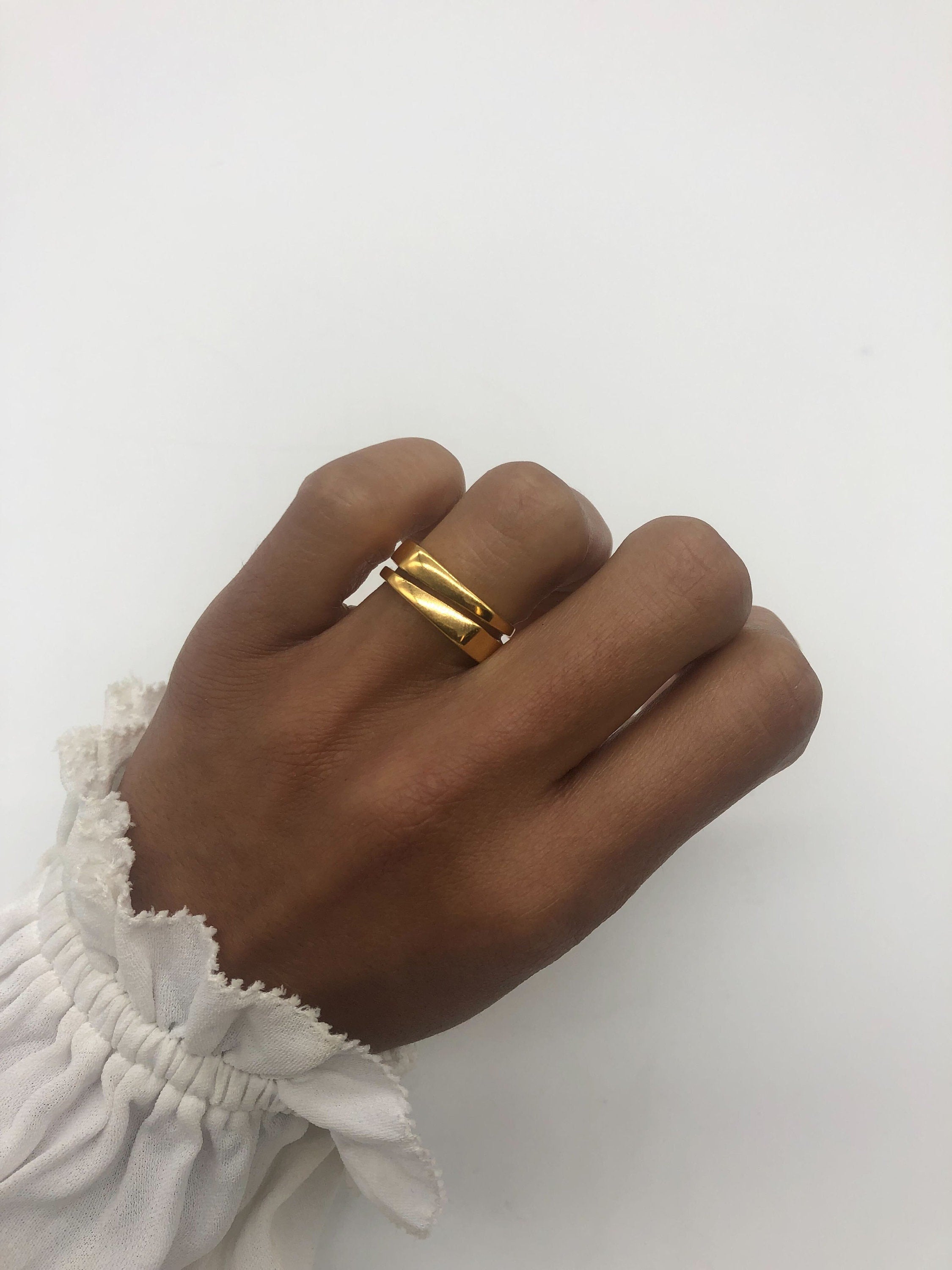 Gold Unisex Ring, Flat Top Band, Geometrical Ring, Wedding Band, Gold Plated Ring, Thick Band, Sturdy Ring, Asymmetric Ring, Gold Vermeil