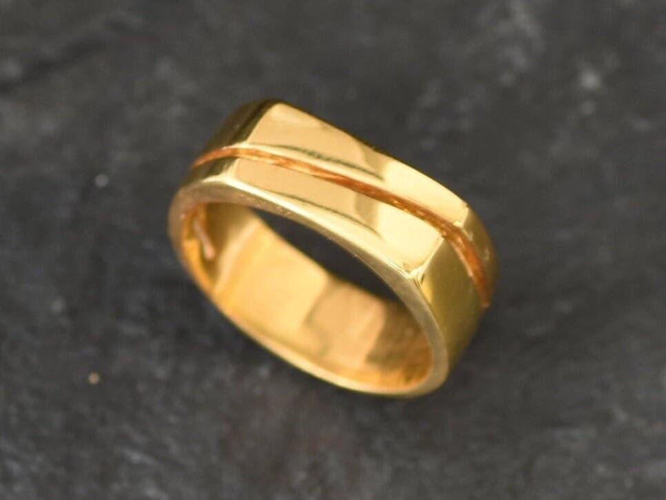 Gold Unisex Ring, Flat Top Band, Geometrical Ring, Wedding Band, Gold Plated Ring, Thick Band, Sturdy Ring, Asymmetric Ring, Gold Vermeil