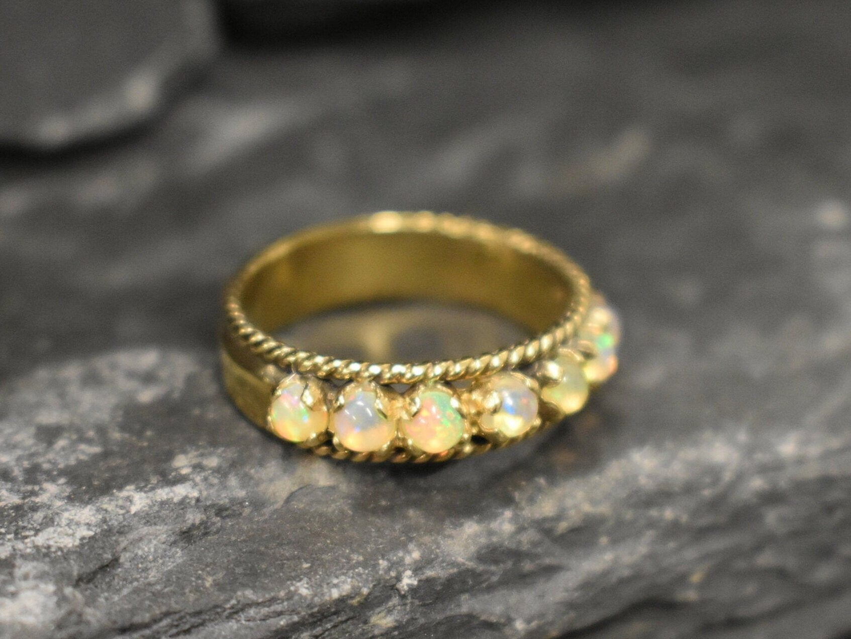 Gold Half Eternity Fire Opal Ring in Vintage Style