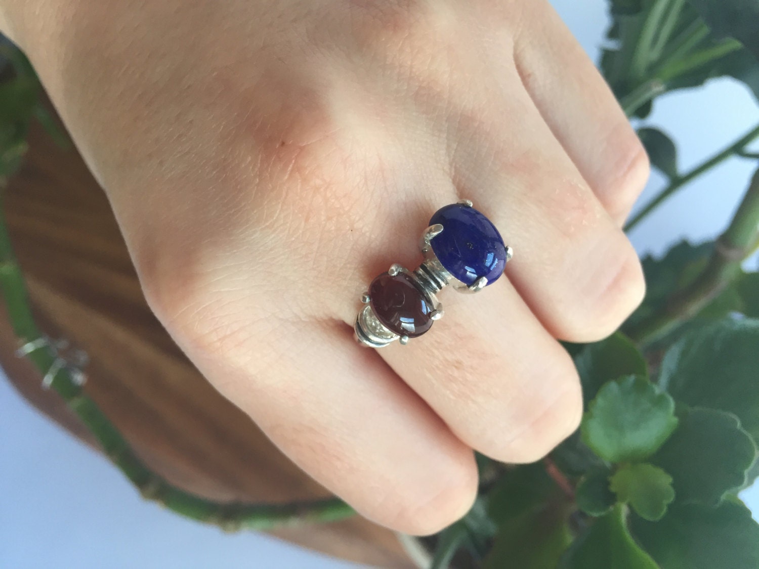 Lapis Lazuli Ring, Garnet Ring, Natural Lapis Lazuli, Natural Garnet Ring, Two Stone Ring, January Ring, December Ring, Solid Silver Ring