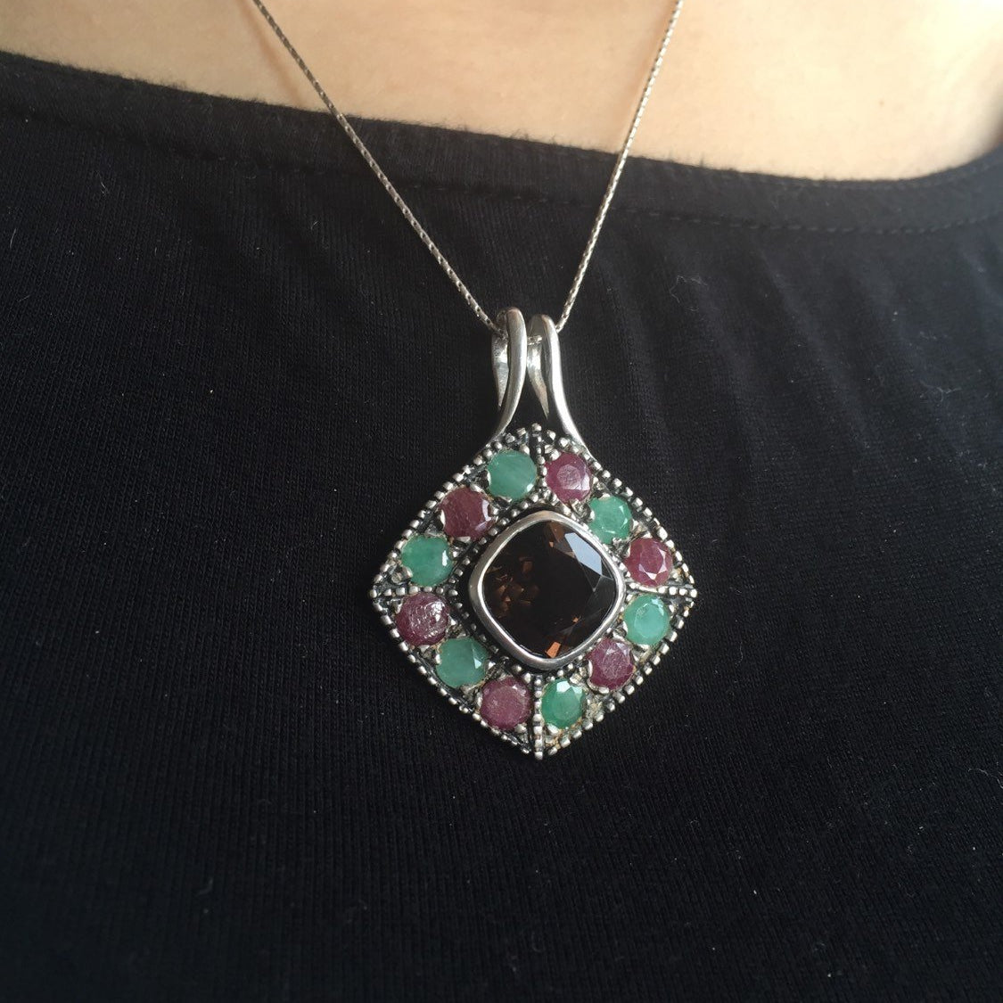 Vintage Emerald Pendant, Vintage Ruby Pendant, Smoky Topaz Pendant, Birthstones Pendant, Emerald Jewelry, Antique Pendant