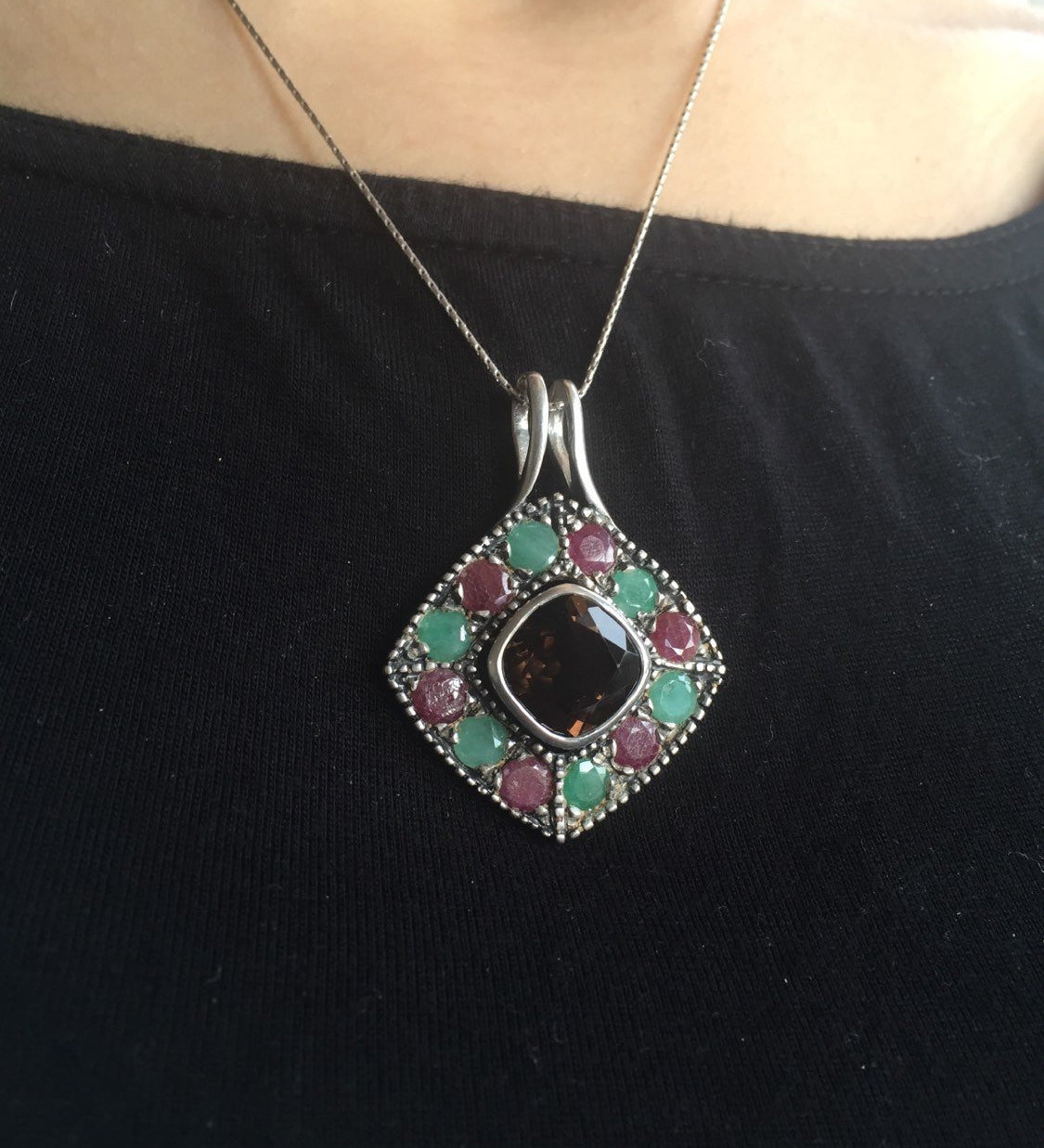 Vintage Emerald Pendant, Vintage Ruby Pendant, Smoky Topaz Pendant, Birthstones Pendant, Emerald Jewelry, Antique Pendant