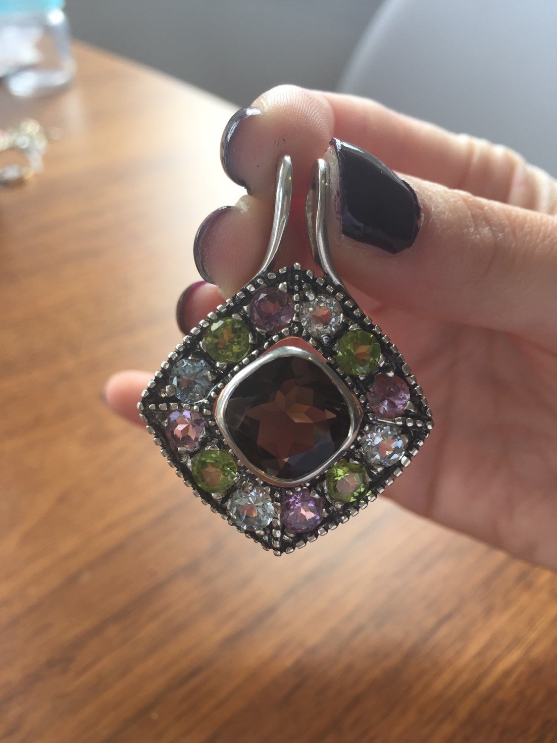 Natural Smoky Topaz pendant with colorful Amethyst, Peridot, and Blue Topaz accents in a bold geometric setting, perfect for statement lovers